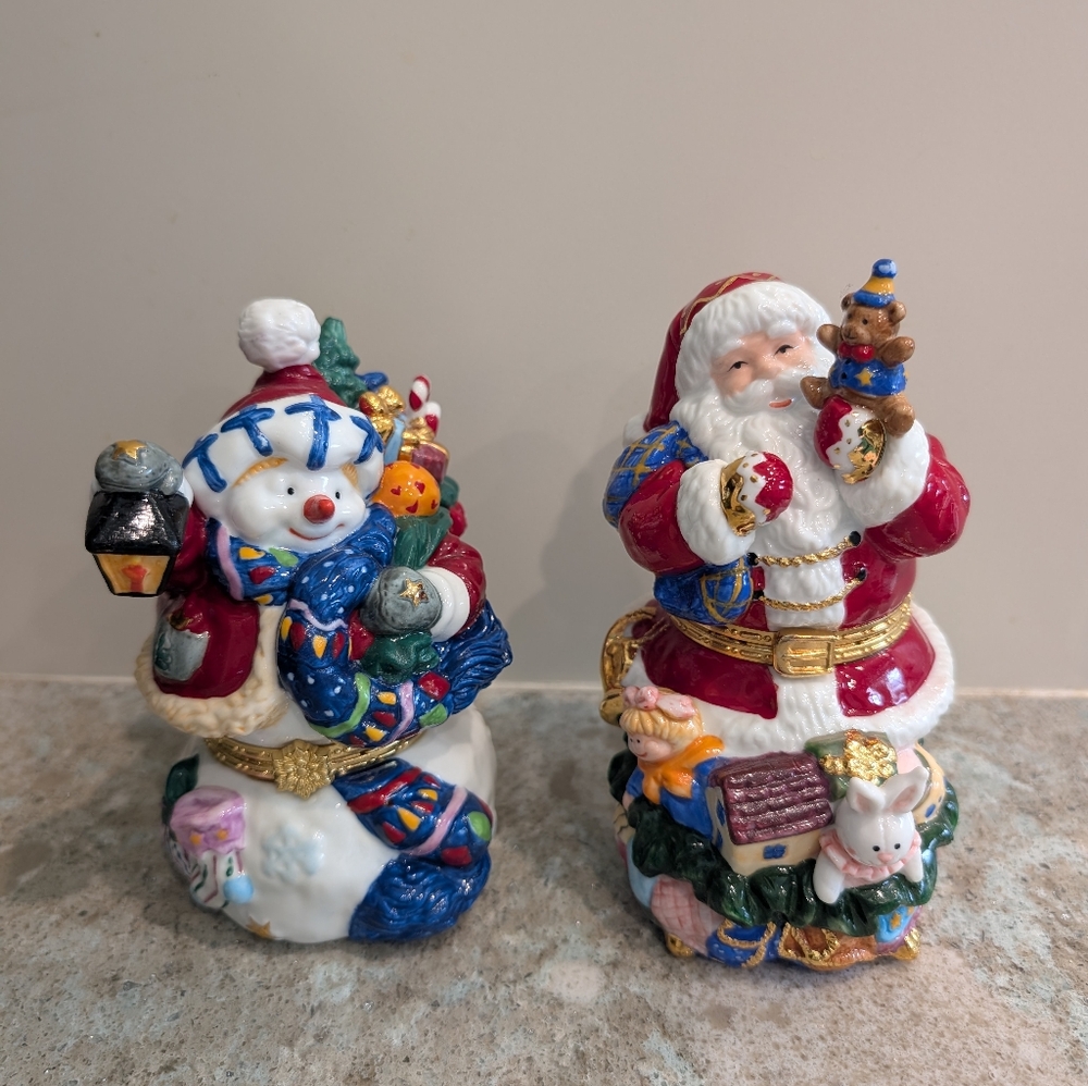 Lot of 2 VINTAGE Porcelain Hinged Trinket Keepsake Box TRADITIONS SNOWMAN SANTA